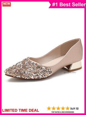 Pointed Toe Rhinestone Chunky Heel Pumps Comfortable Work Wedding Dress Shoes